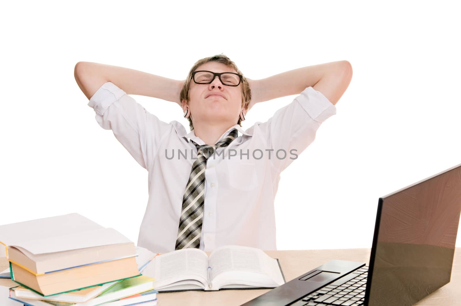 vacationer student sits behind a desk isolated on white background