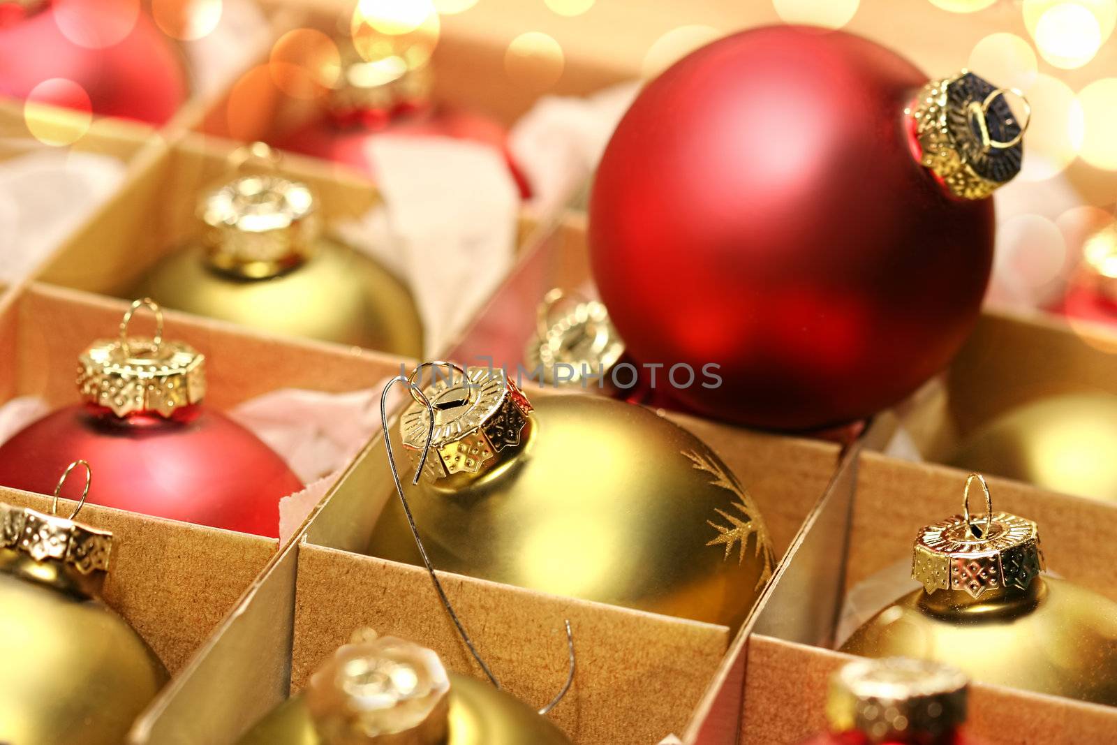 Collection of Christmas balls in box with wrapping
