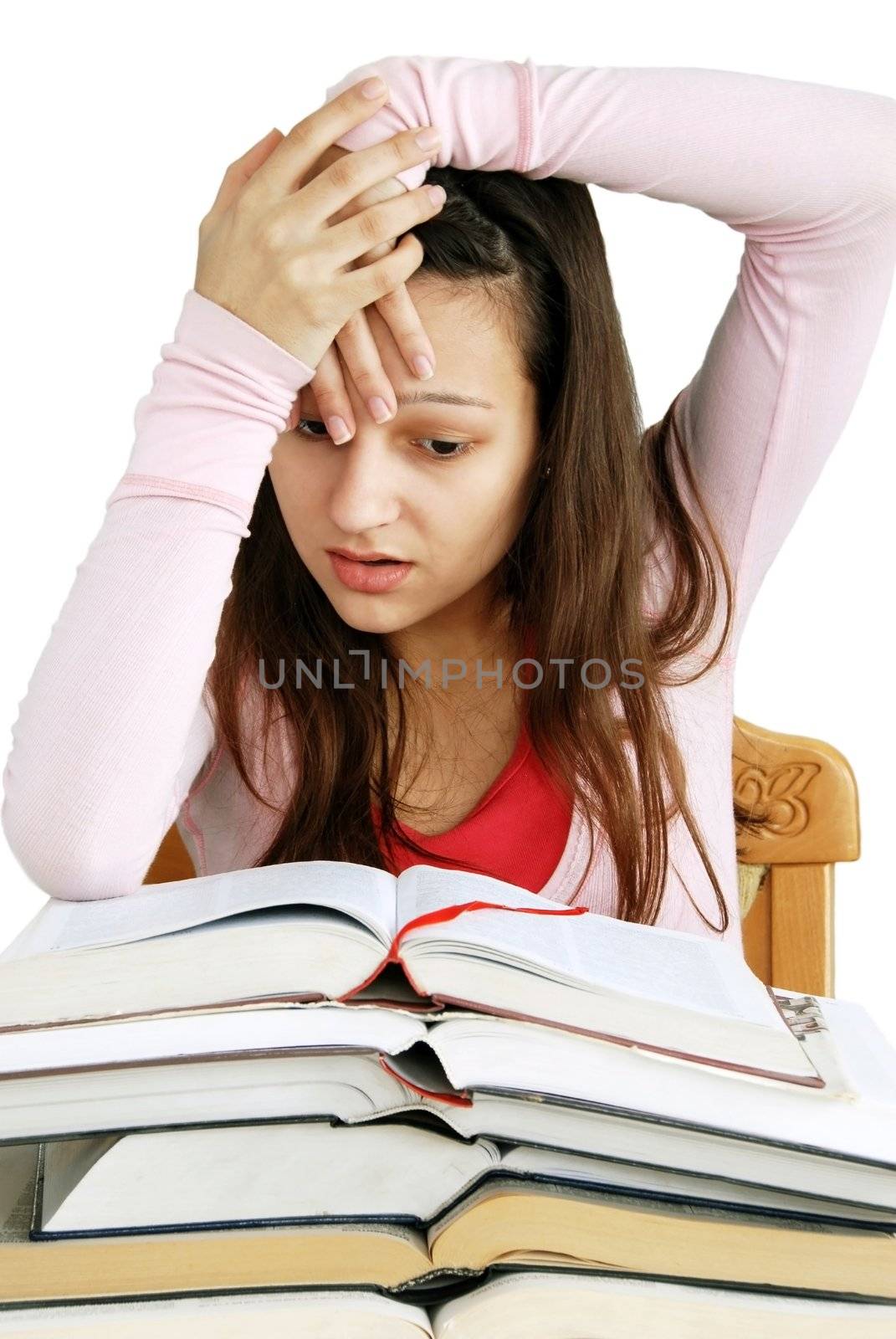 teenage girl portrait with arm holding head, learning