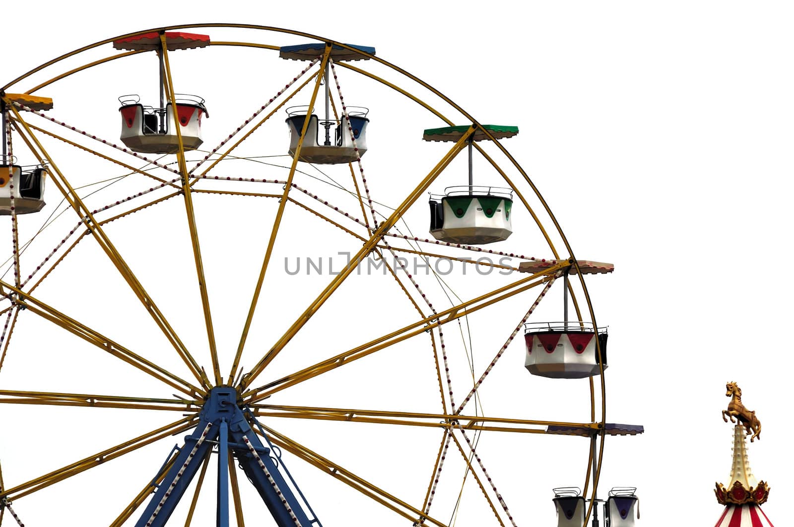 Colorful ferris wheel and carousel horse in amusement park.