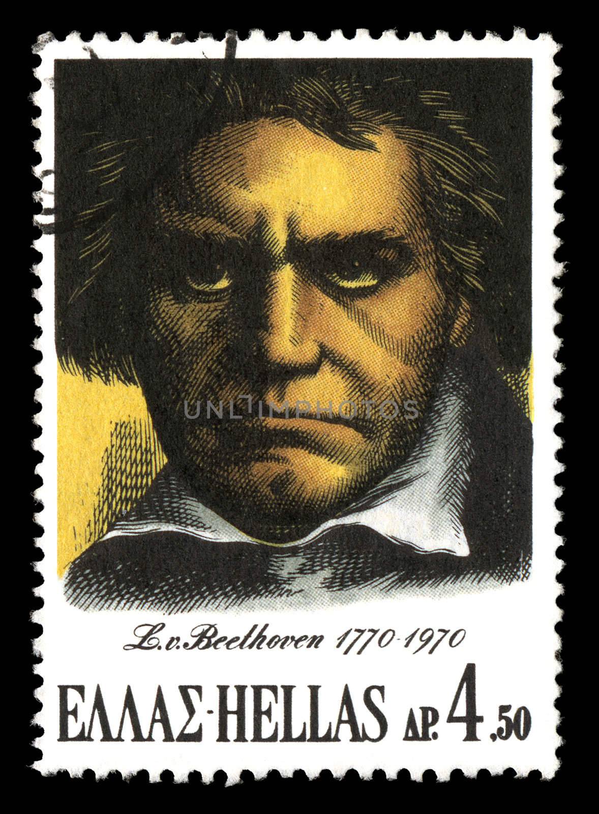 GREECE - CIRCA 1970. Vintage canceled postage stamp printed by the Hellenic Post to commemorate the 200th birthday of Ludwig van Beethoven, circa 1970.