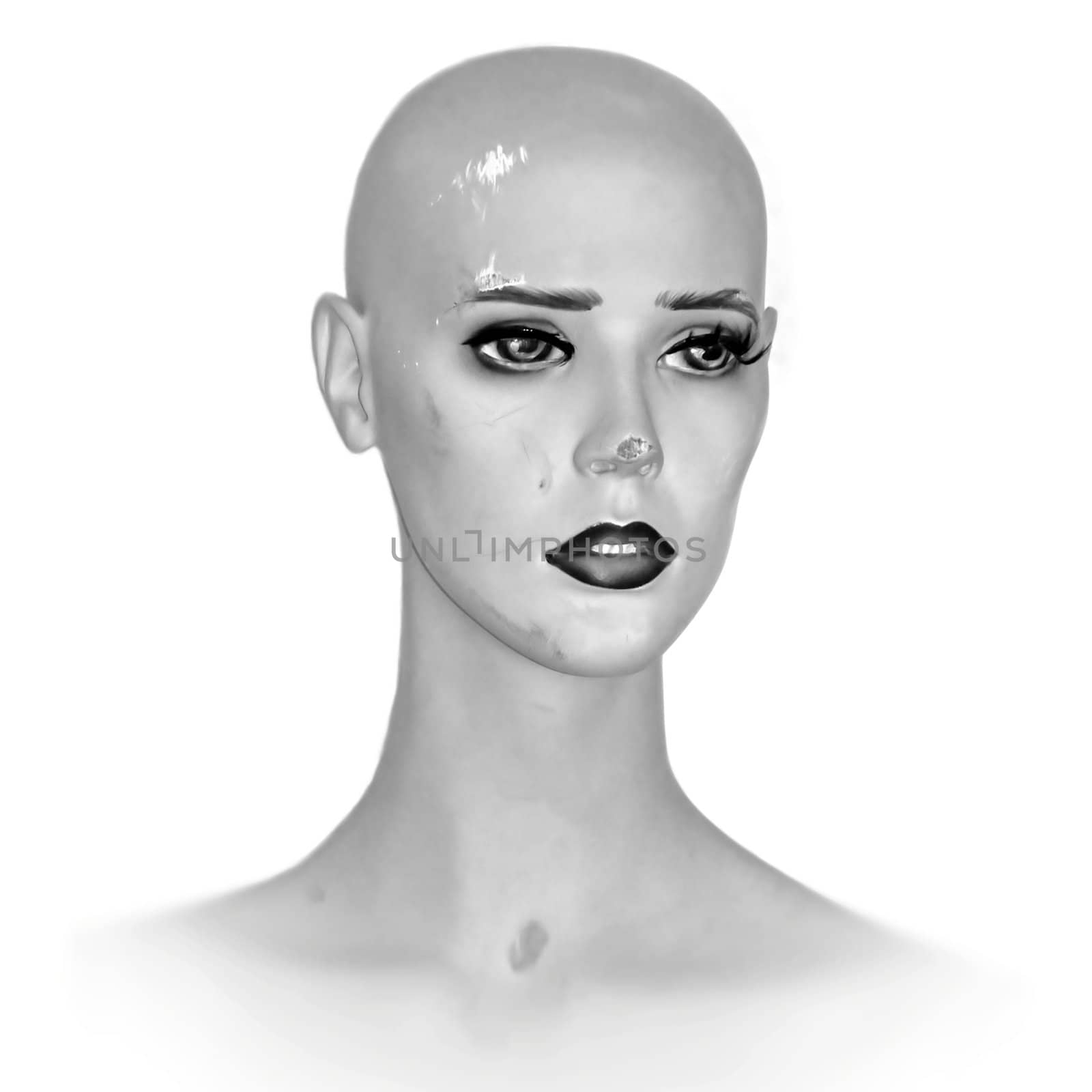 Weathered plastic mannequin doll head. Black and white.