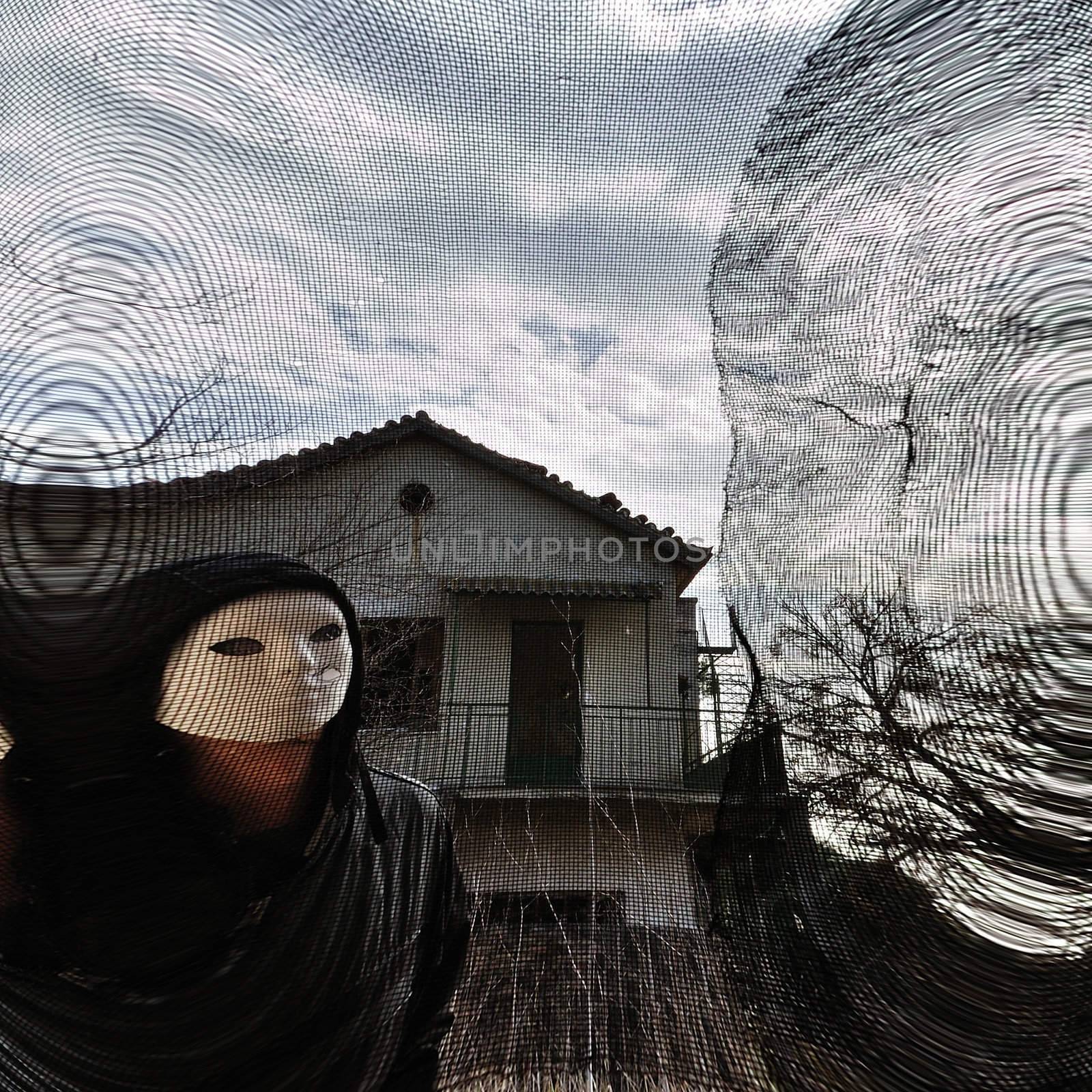 Dilapidated house and masked evil figure behind distorted threaded window.