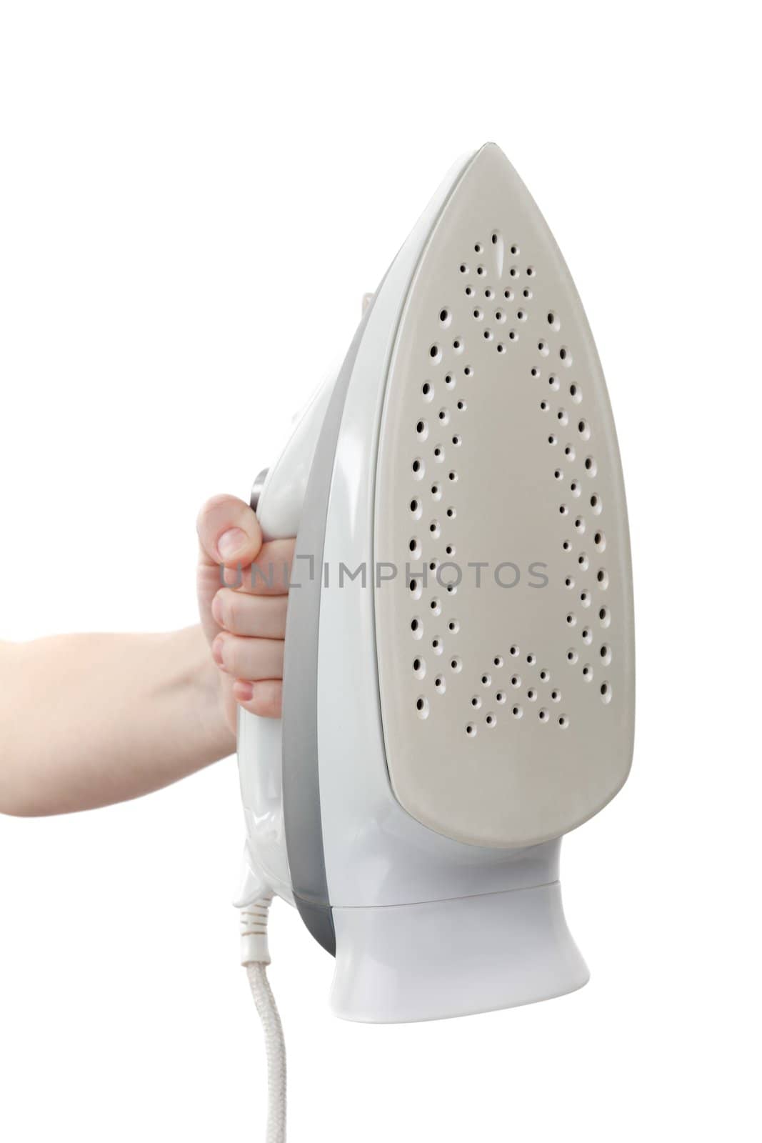 Human hand holding chore housework heat iron steam