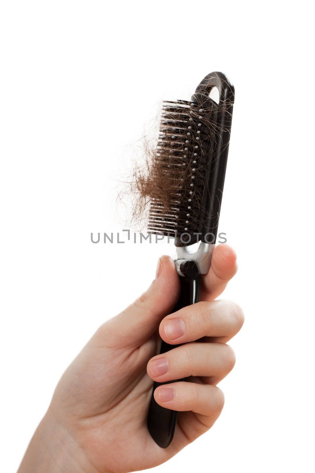 Balding problem women hand holding loss hair comb