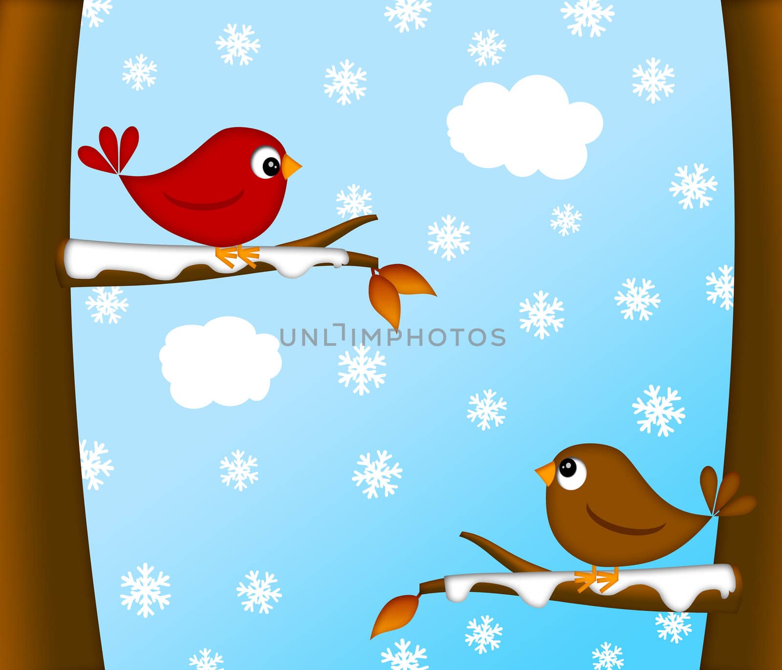 Christmas Red Cardinal Bird Pair Sitting on Tree Branches Winter Scene Illustration