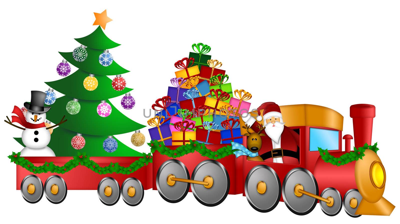 Santa Claus and Reindeer Delivering Gifts in Red Train with Snowman and Christmas Tree Illustration