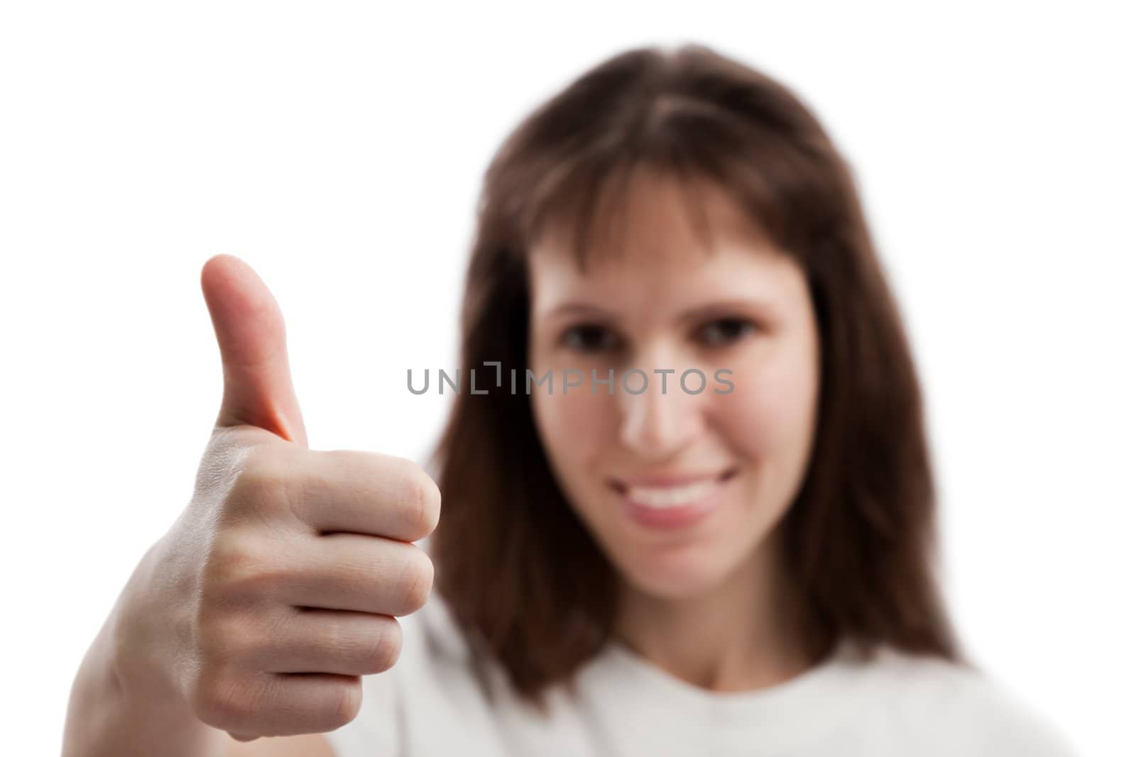 Human women hand gesturing thumb up success sign