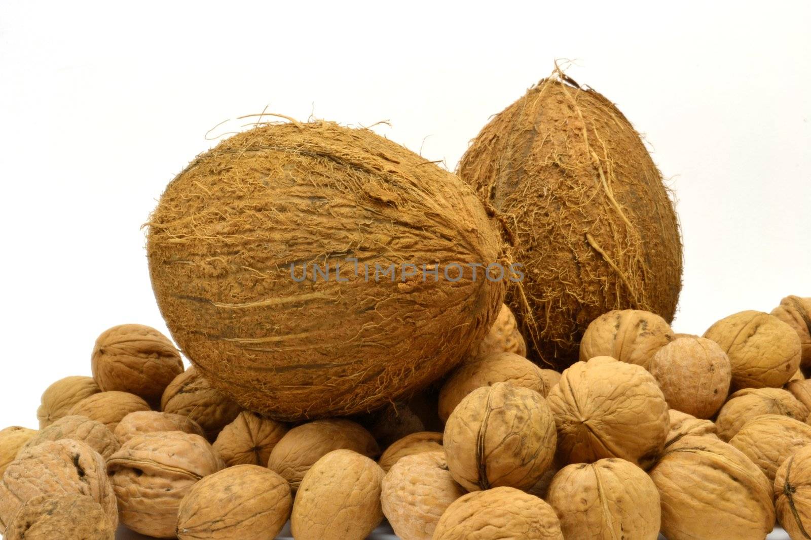 Coconuts  and Greek nuts over white background