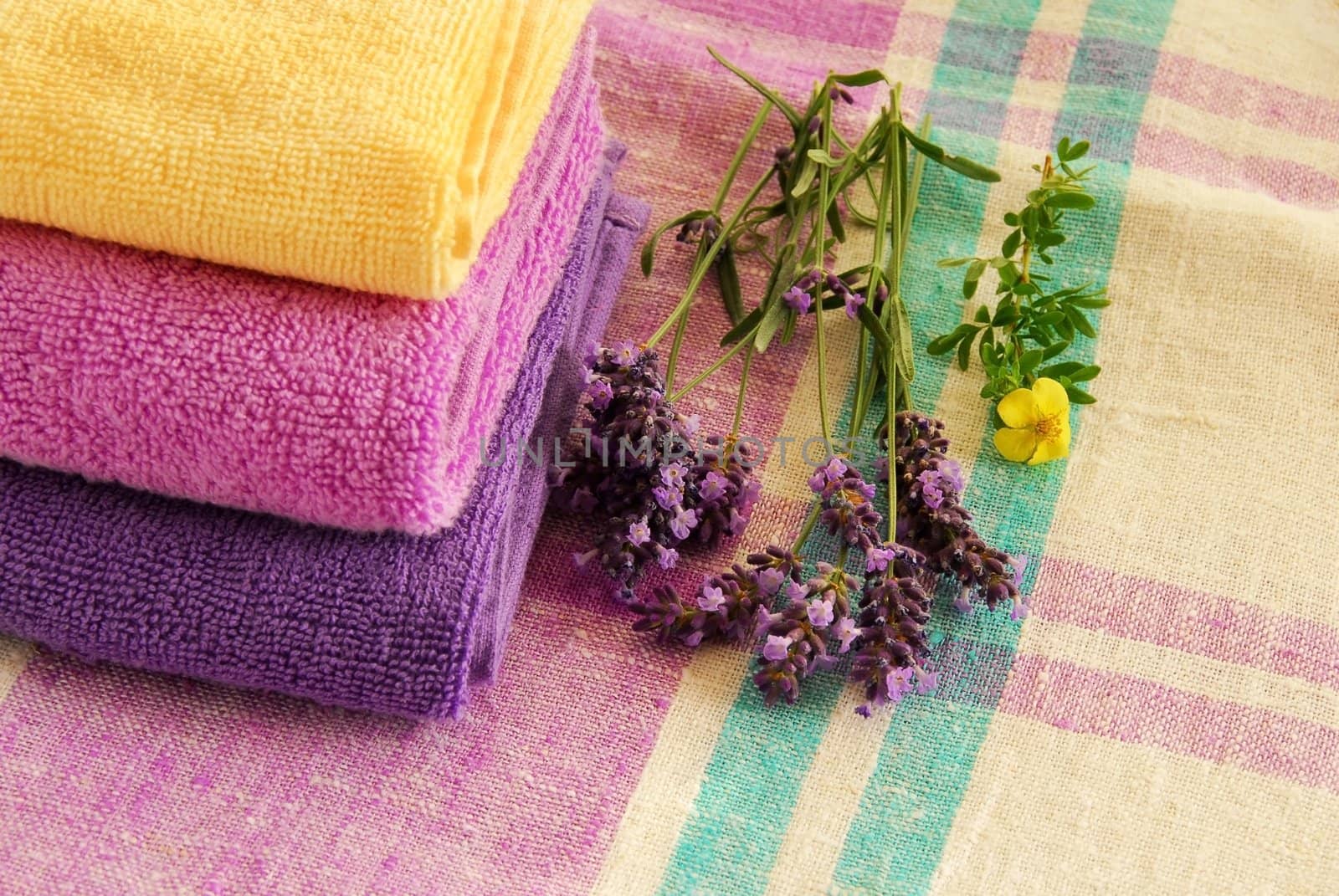 magenta, purple and yellow towels stack with lavender flowers