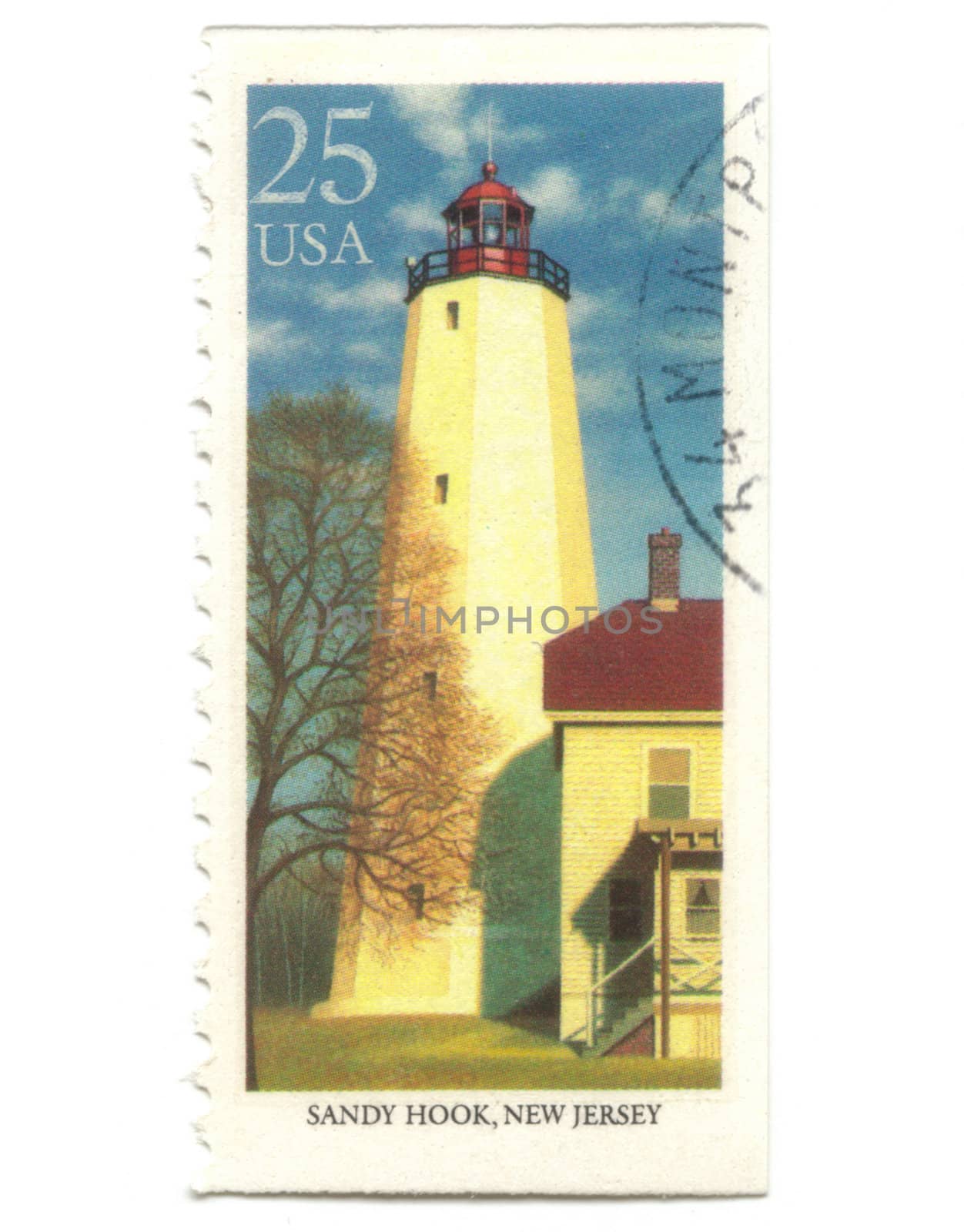 Old postage stamp from USA with Lighthouse - Sandy Hook, New Jersey