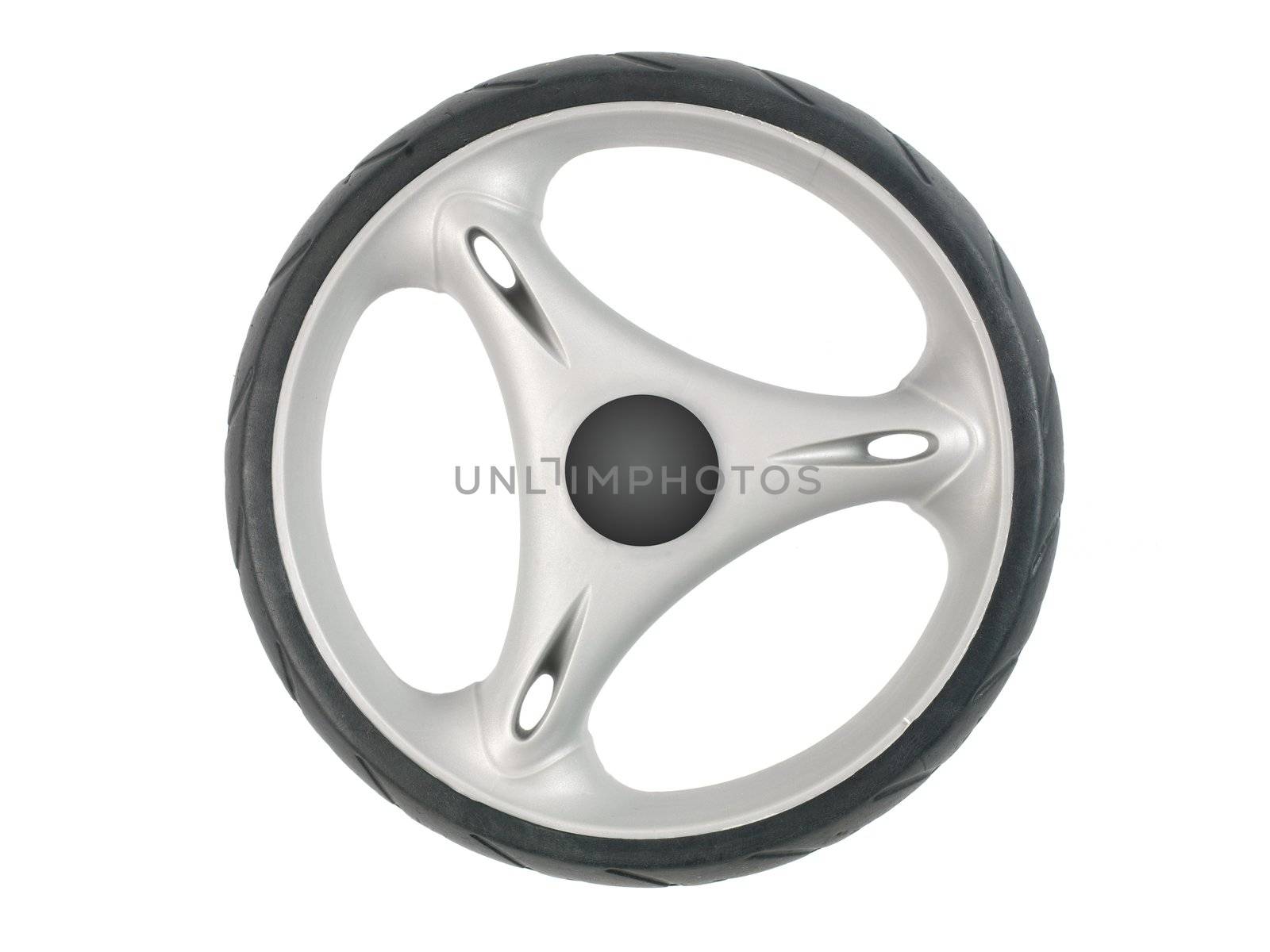 A plastic wheel isolated against a white background