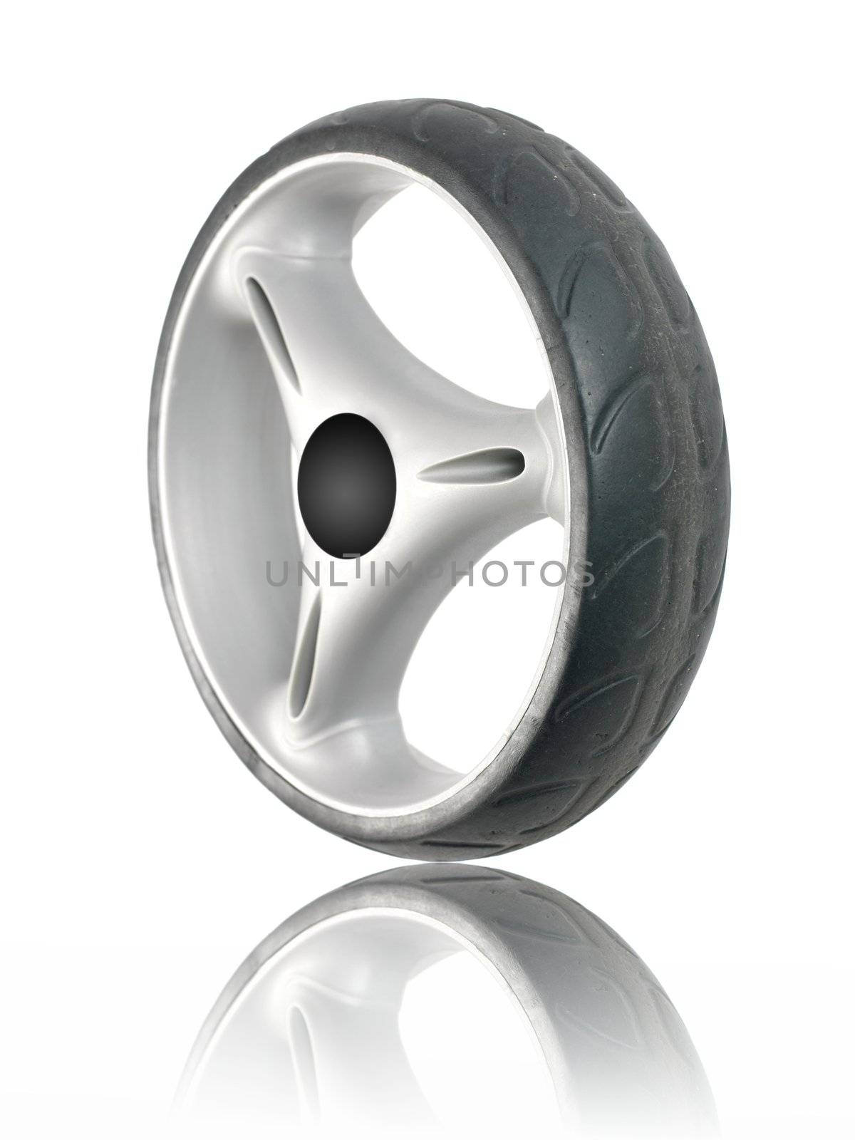 A plastic wheel isolated against a white background