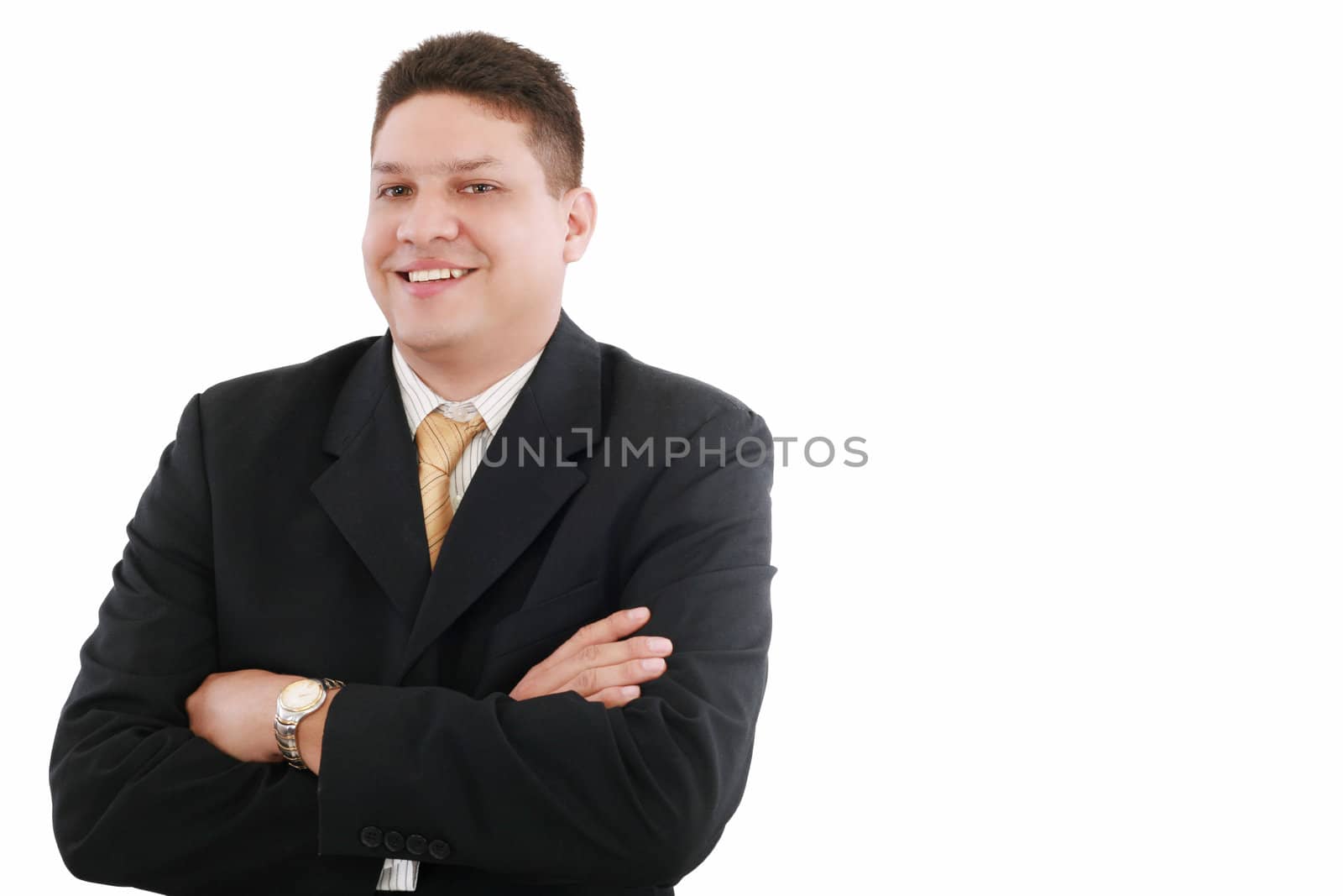 Portrait of happy smiling young businessman, isolated on white b by dacasdo