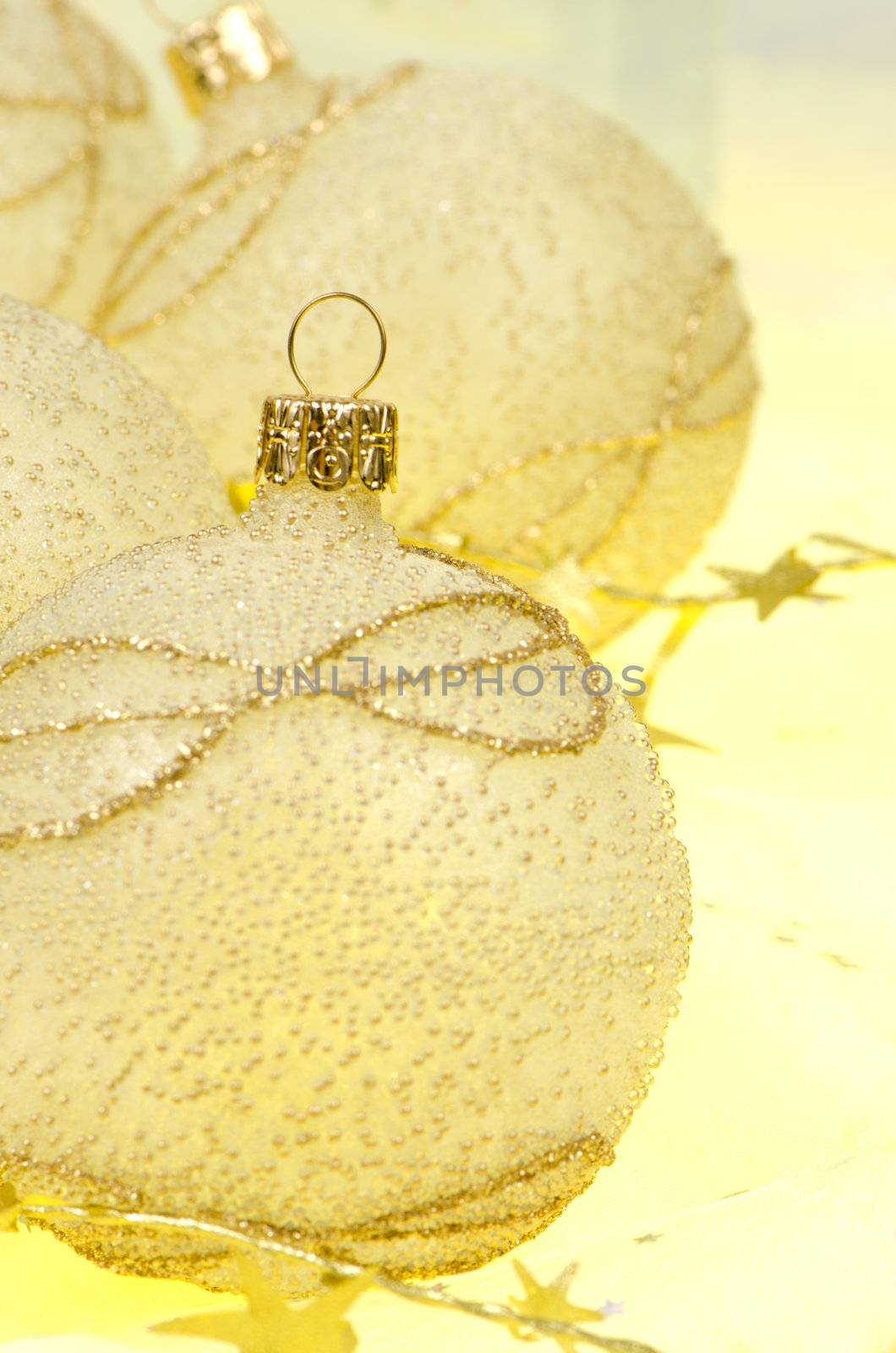 Christmas ball baubles with silver and gold decoration.