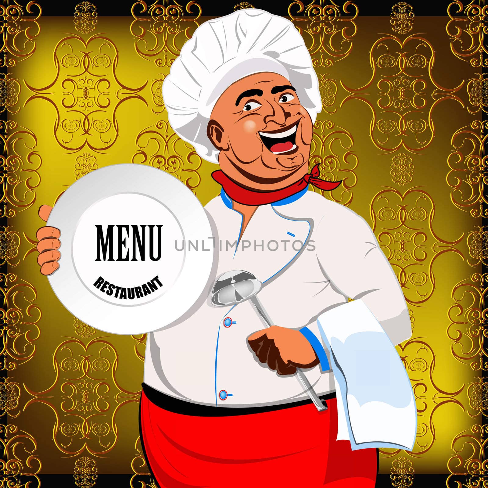 Eastern Chef and big plate on a abstract decorative background by sergey150770SV