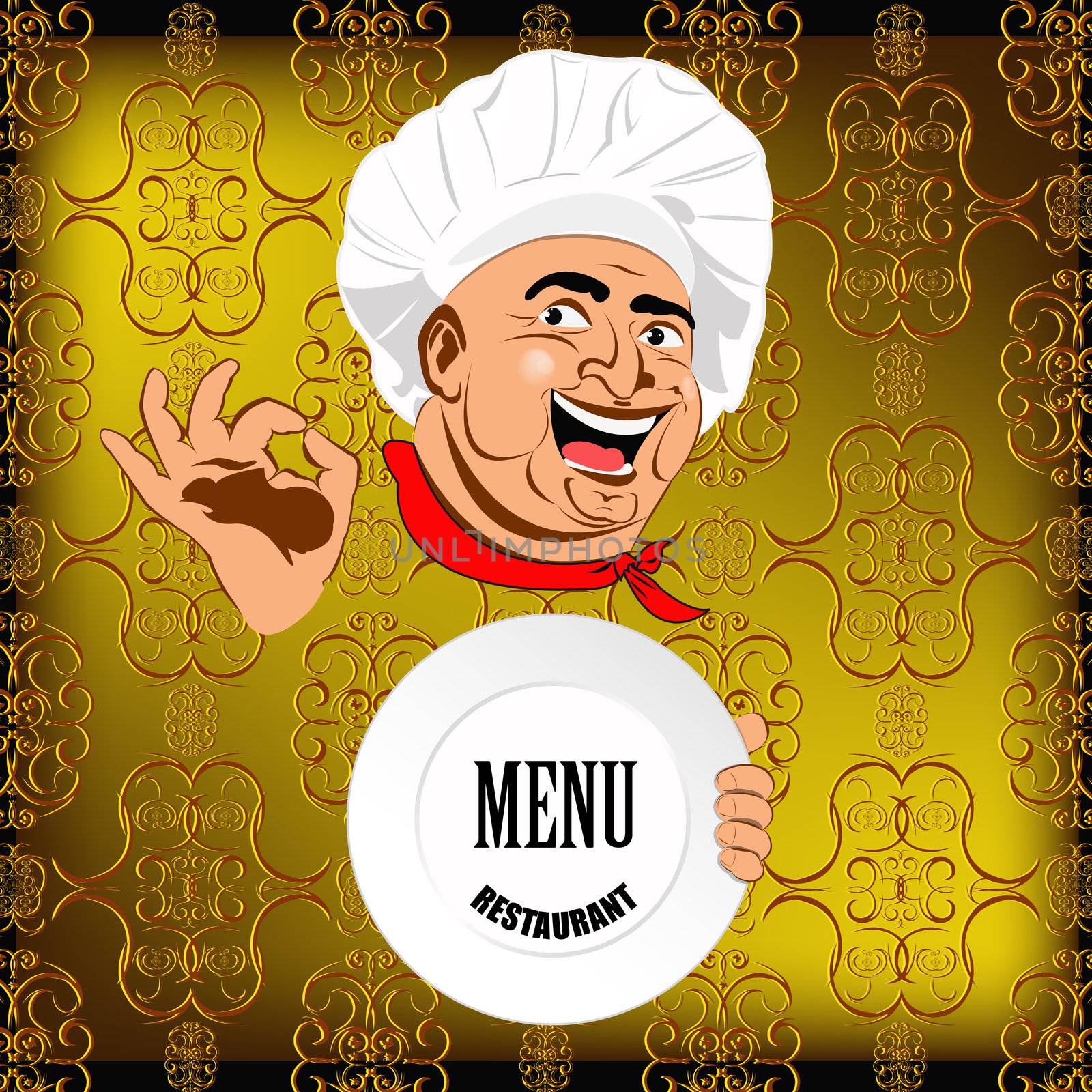 Eastern Chef and big plate on a abstract decorative background by sergey150770SV