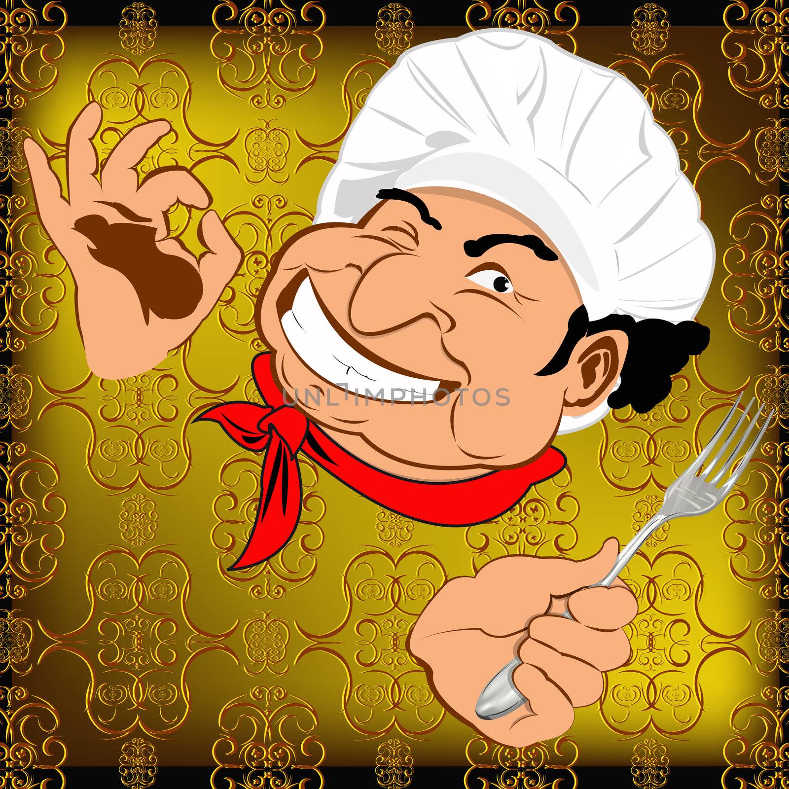 Eastern Chef with fork on a abstract decorative background