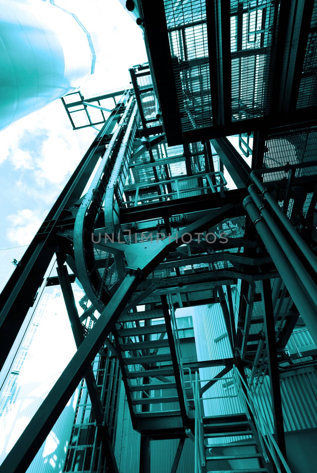 industrial ladders, cables, pipelines in blue tones