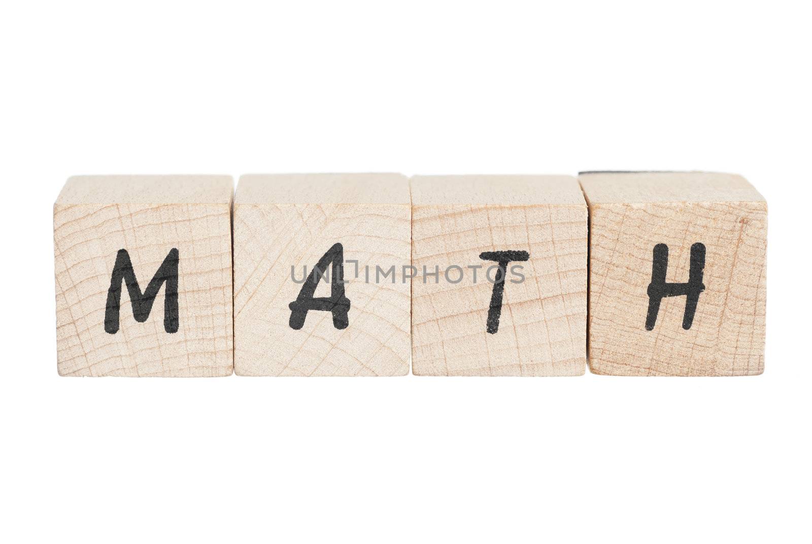 Math written with wooden blocks. White background.