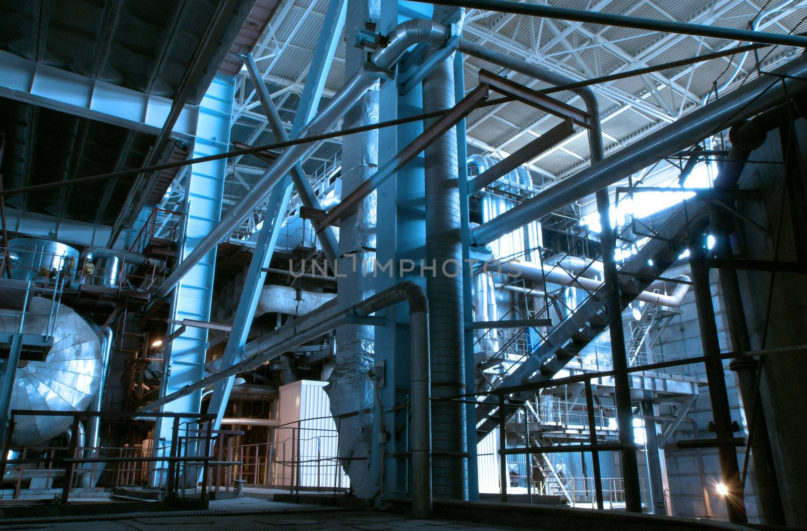 industrial ladders, cables, pipelines in blue tones