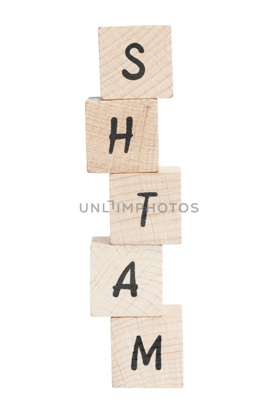 Maths tower written with wooden blocks. White background.