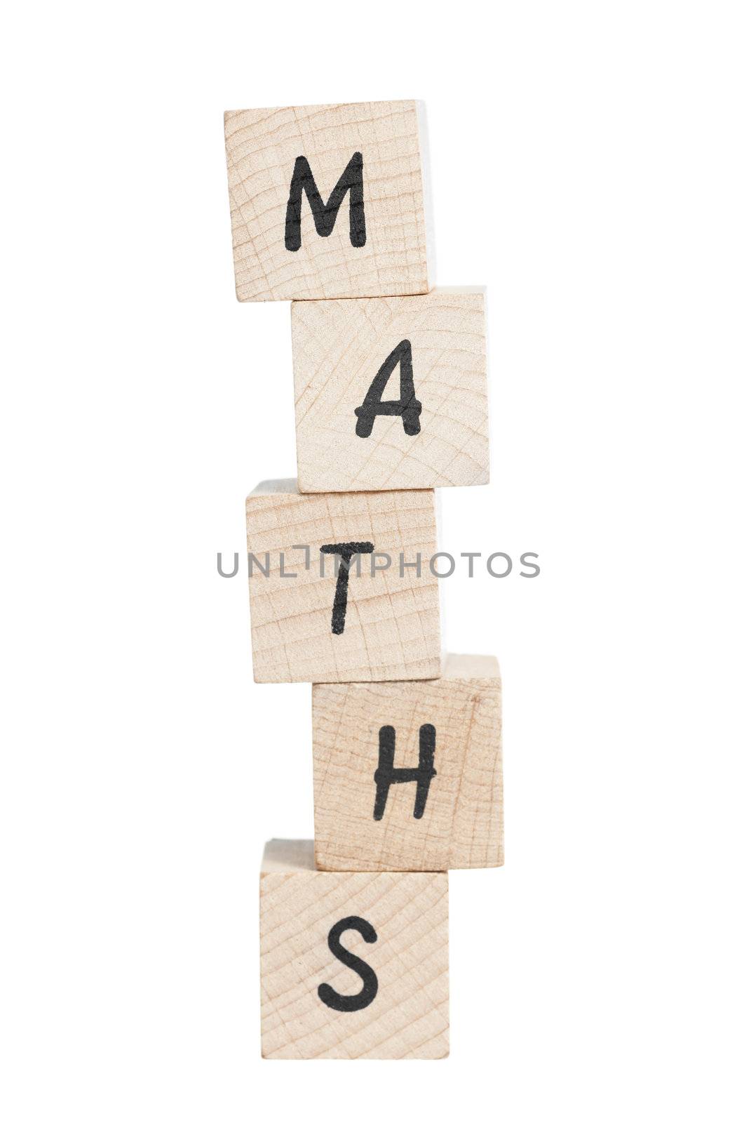 Maths tower written with wooden blocks. White background.