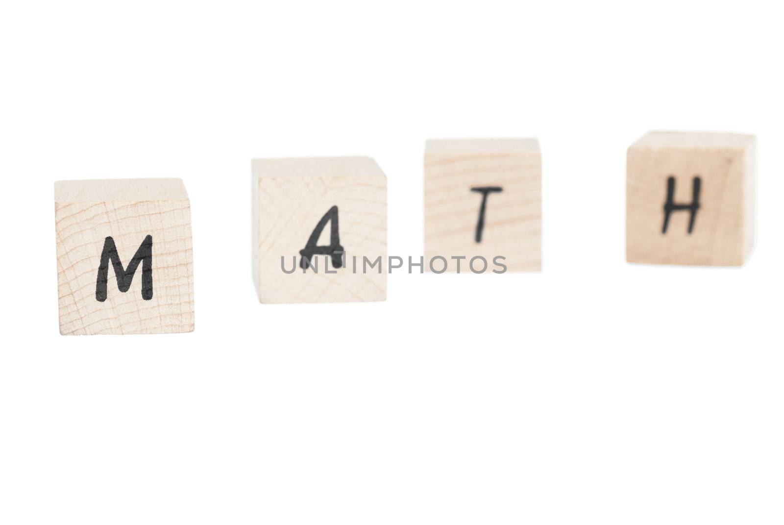 Math written with wooden blocks. White background.