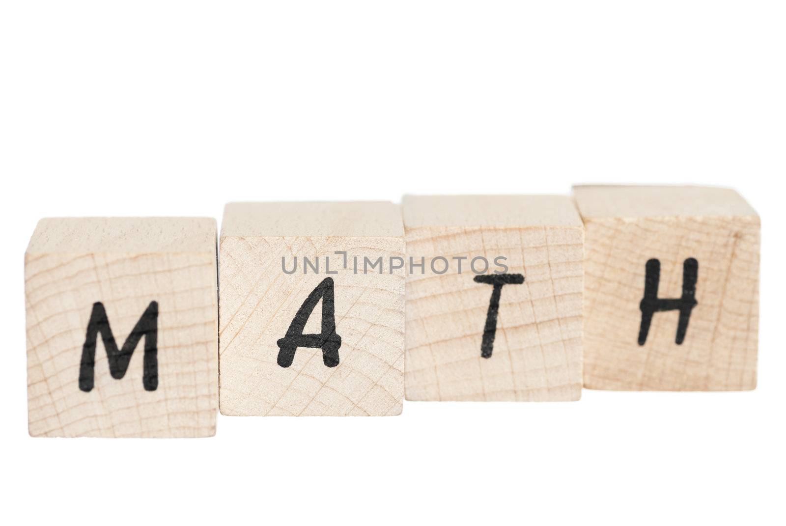 Math written with wooden blocks. White background.