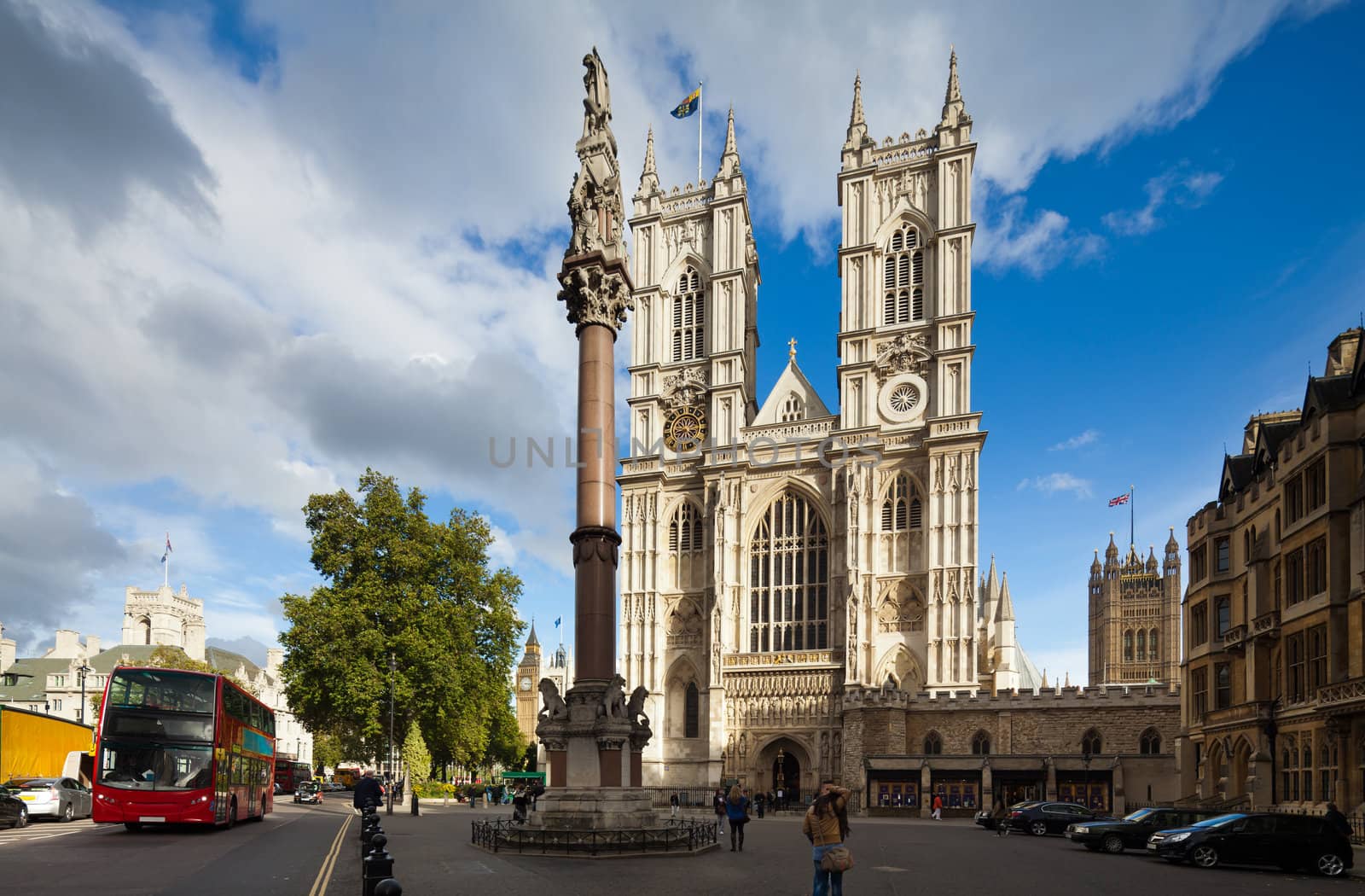 Front facade of Westminster Abbey on a sunny day. London, UK. Photograph taken with the tilt-shift lens, vertical lines of architecture preserved