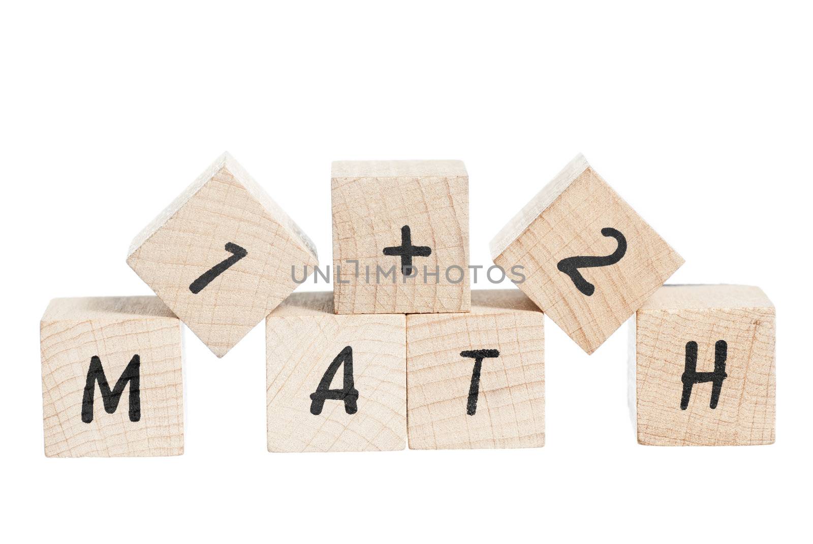 Word maths with a sum written using wooden blocks. White background.