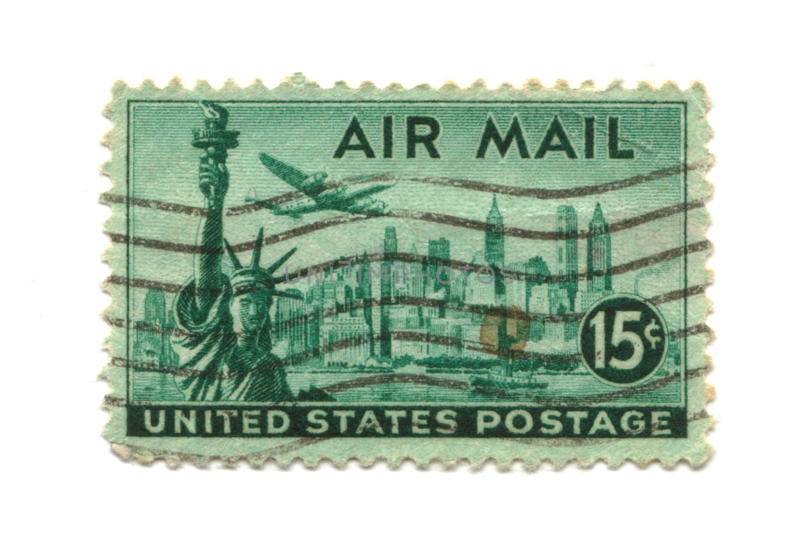 Old postage stamp from USA 15 cents - NY Liberty Statue