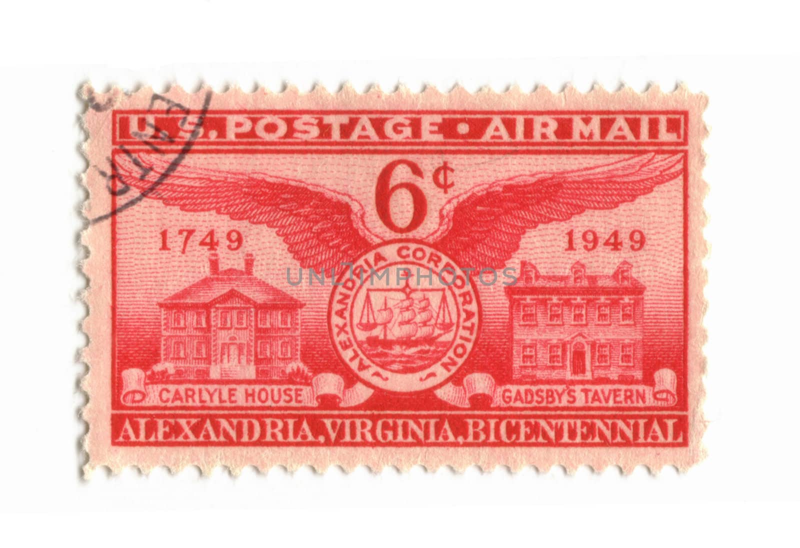 Old postage stamp from USA six cent - Alexandria, Virginia, Bicentennaial