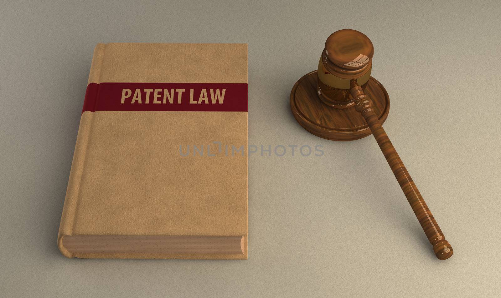 Gavel and patent law book on linen surface. Conceptual illustration