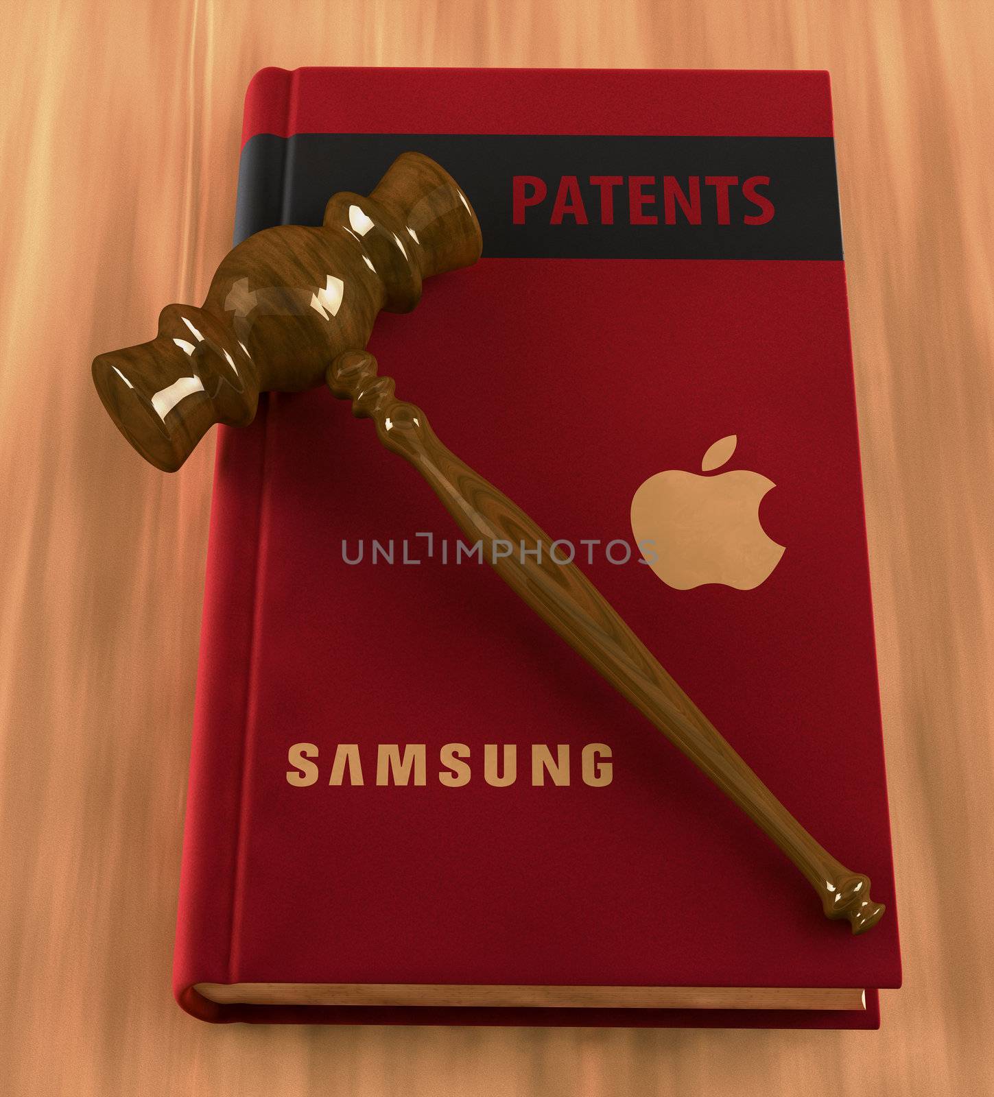 Apple vs Samsung patent war conceptual illustration with gavel on a book
