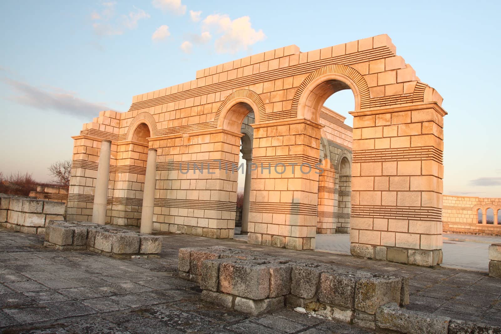 The Great Basilica at the first Bulgarian capital, Pliska , at sunset