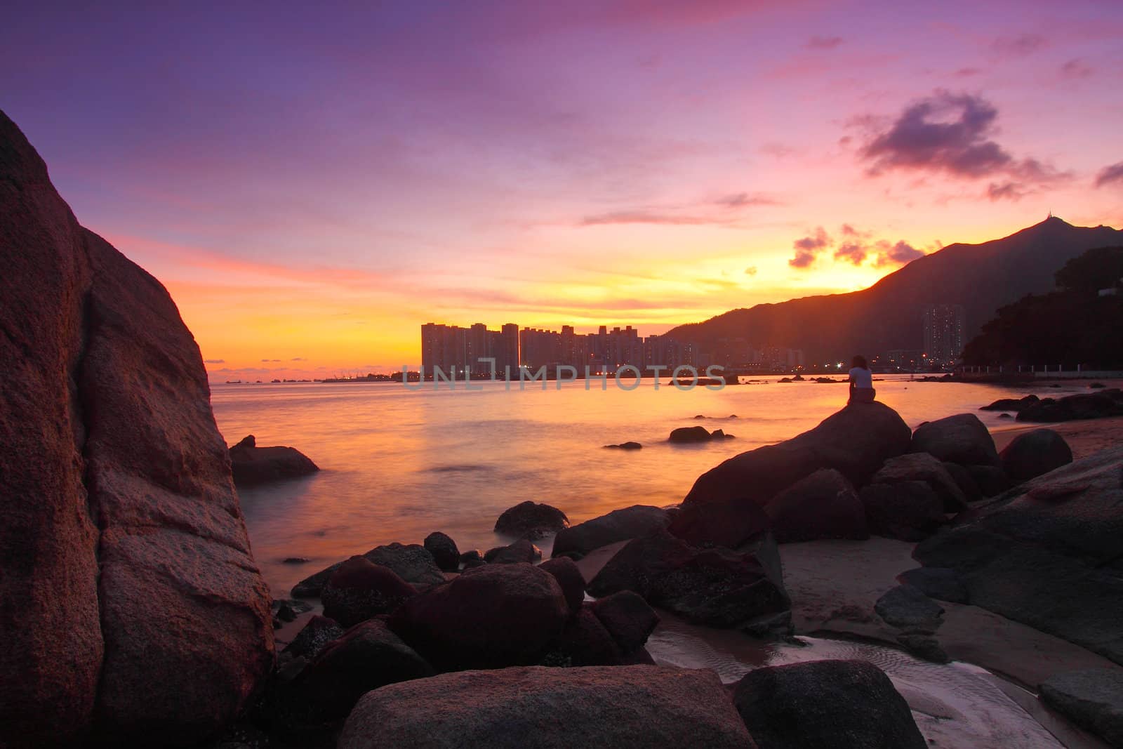 Sunset along the coast in Hong Kong in summer
