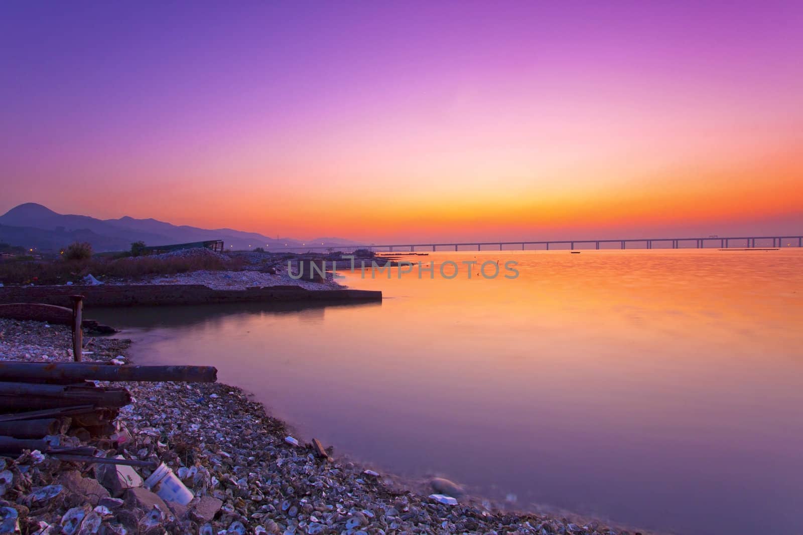 Sunset along the coast in Hong Kong under long exposure