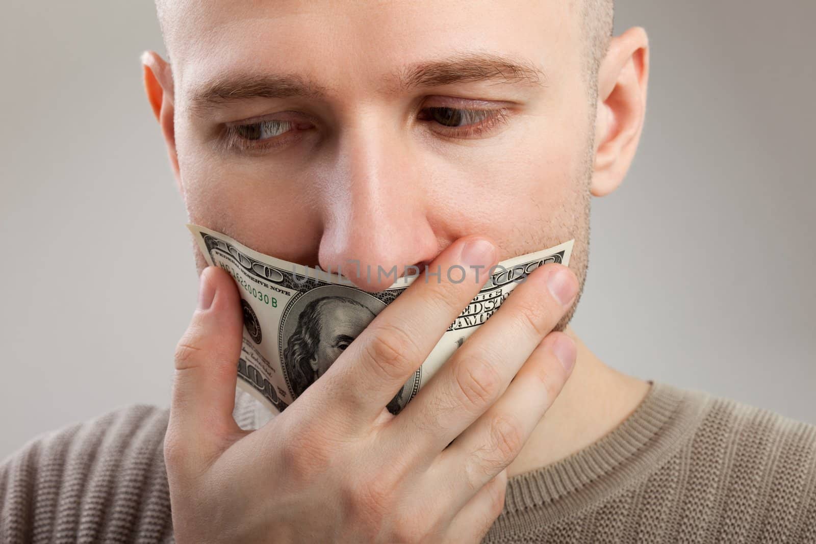 Human silence - dollar currency gag shut men mouth