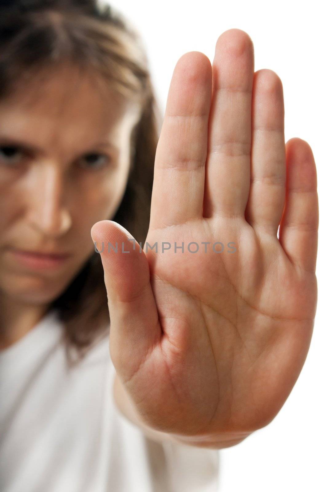 Adult shy women hand gesture stop sign hiding face