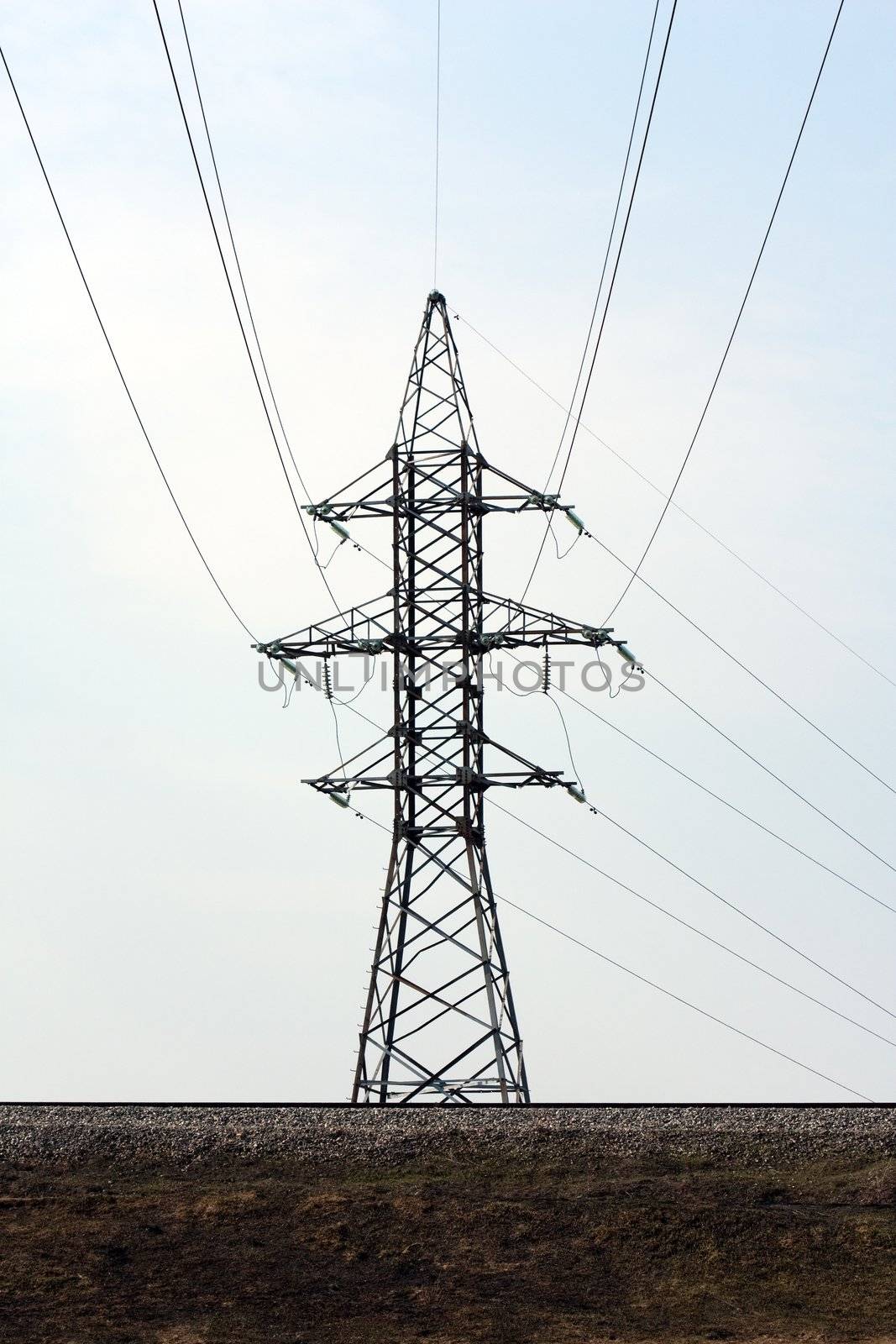 Blue sky power line cable electricity tower pylon