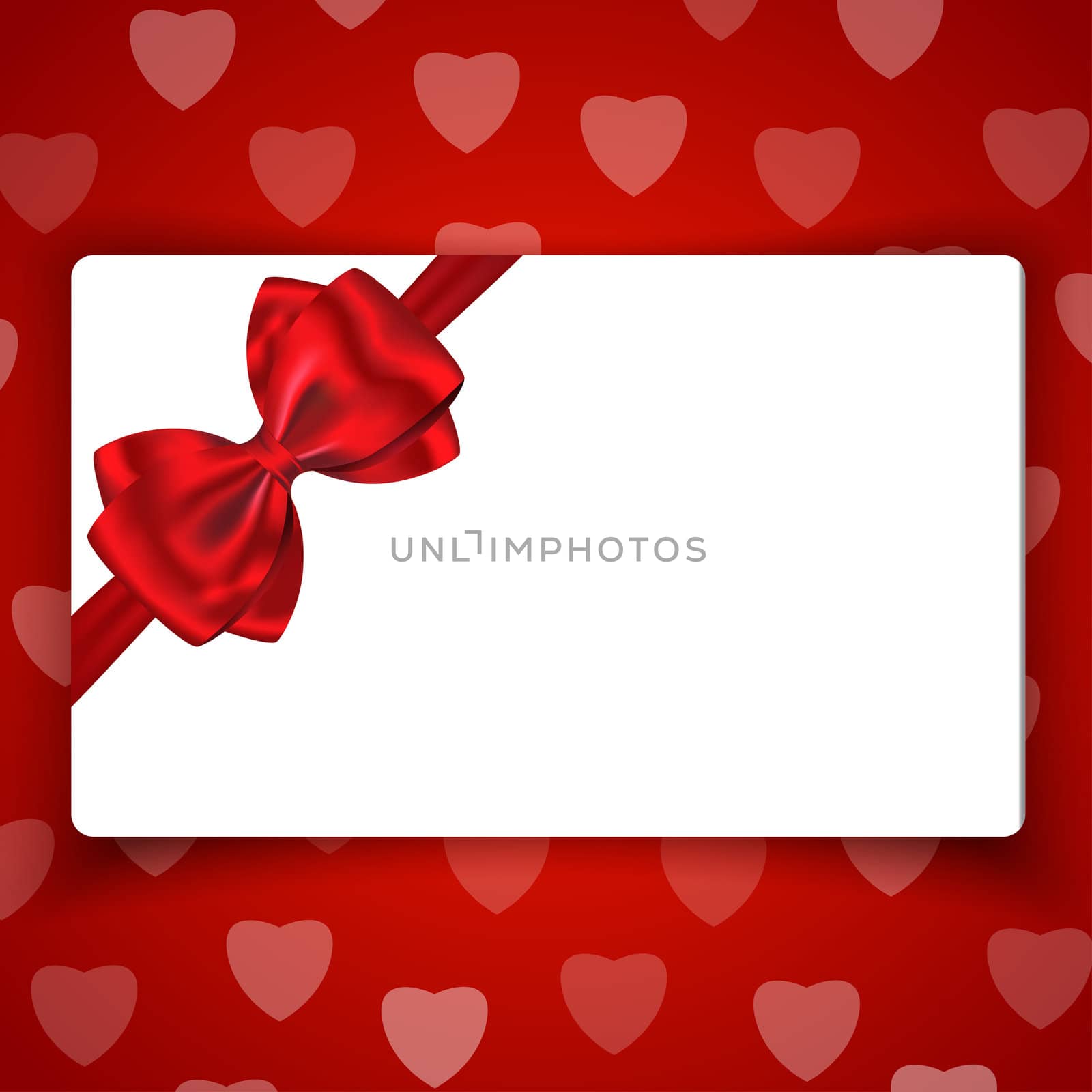 Love gift card with space for greetings and with red bow and ribbon on background with hearts. Vector illustration