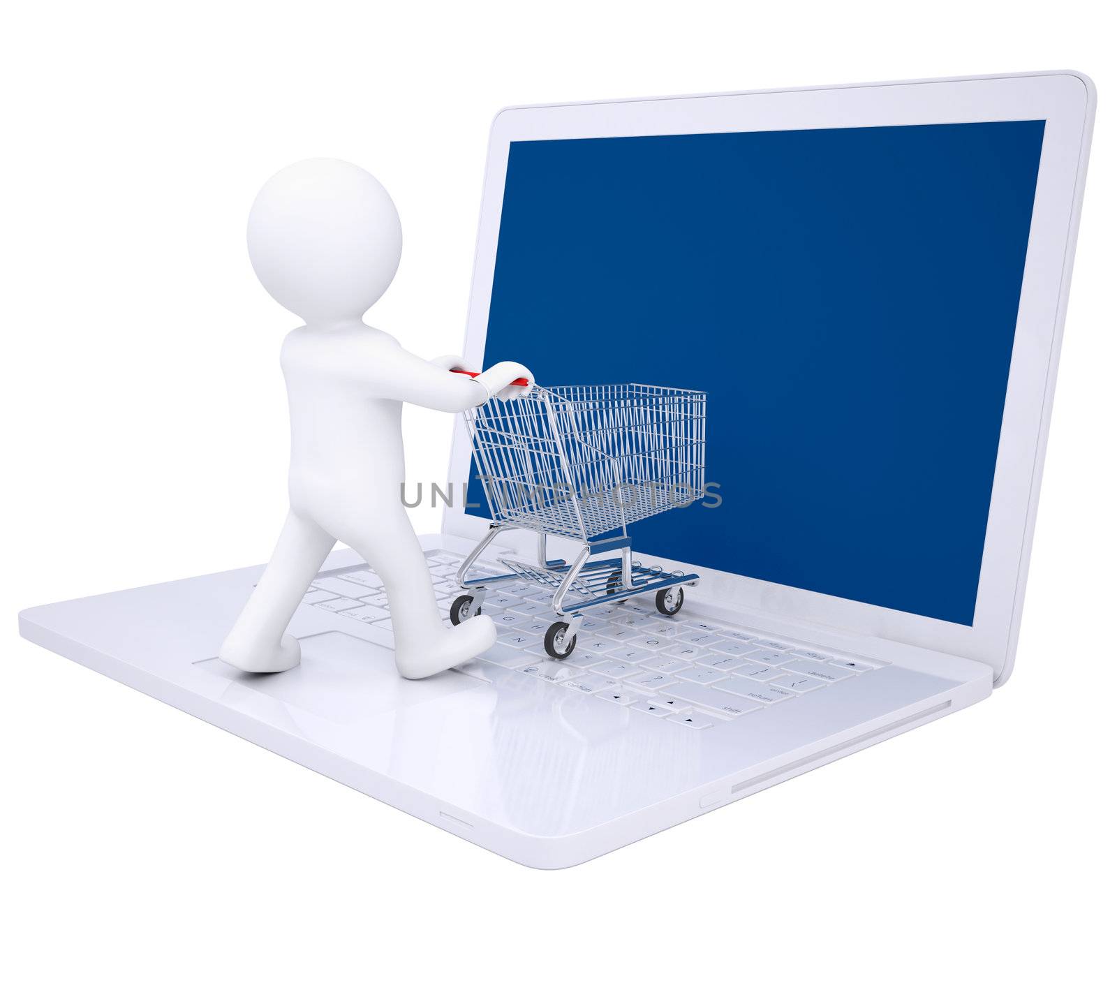 3d man doing online shopping. Isolated render on a white background