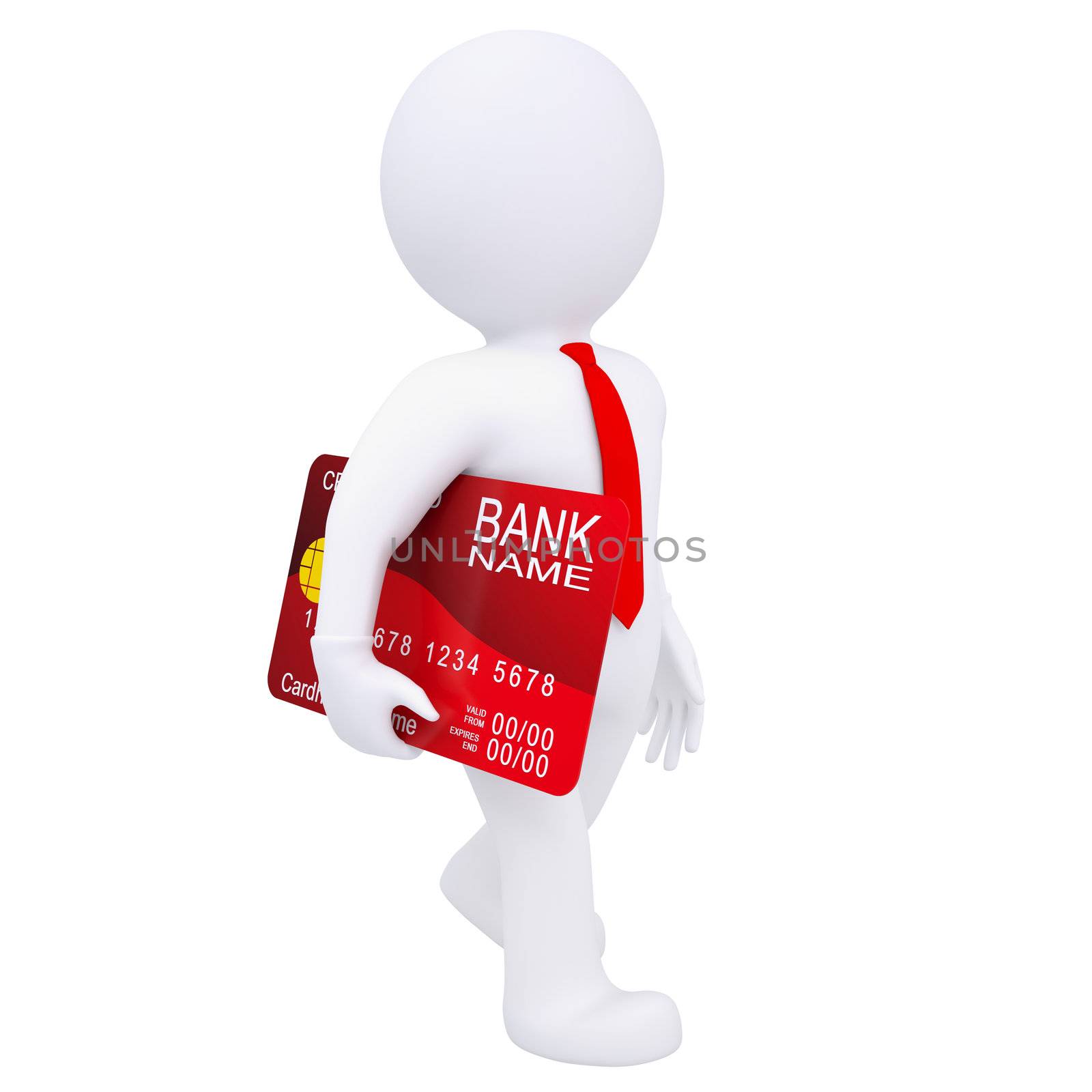 3d man carries a credit card. Isolated render on a white background