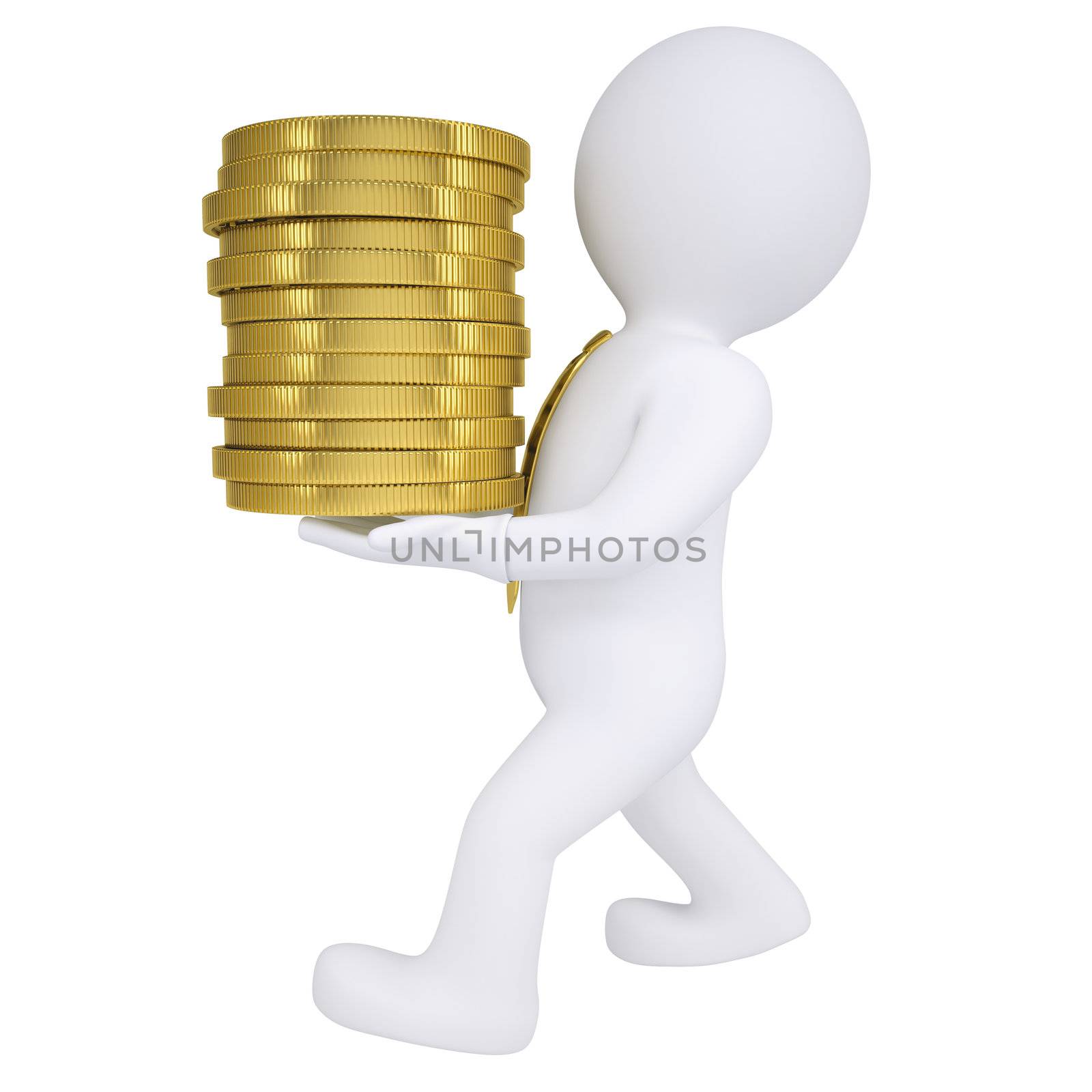 3d man carries a gold coin. Isolated render on a white background