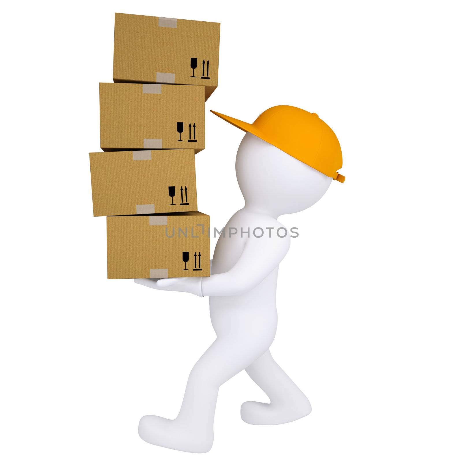 3d man carries boxes. Isolated render on white background