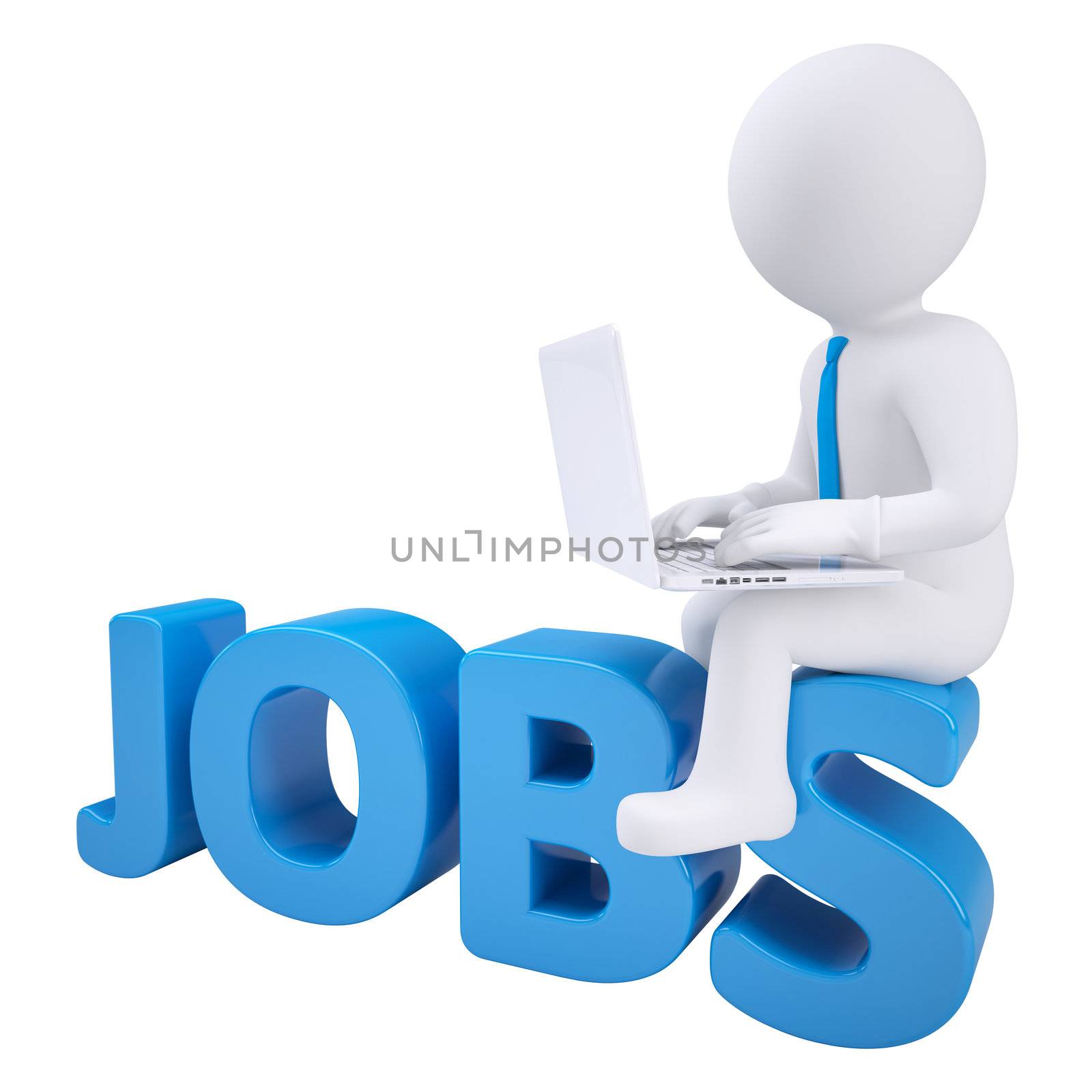 3d man sitting with a laptop on the word jobs. Isolated render on white background