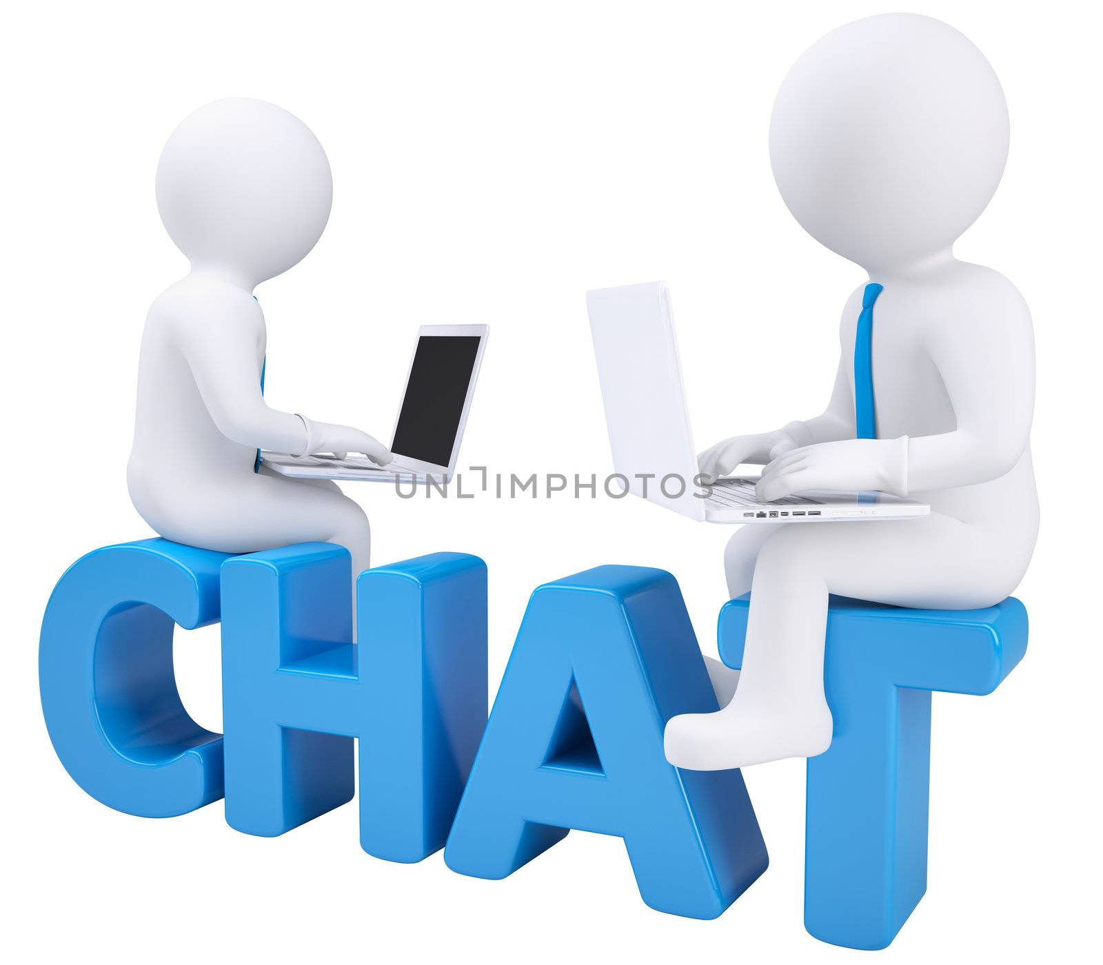 3d man sitting with a laptop on the word chat. Isolated render on white background