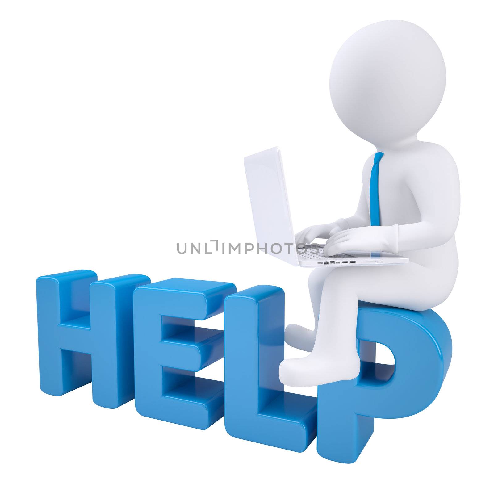 3d man sitting with a laptop on the word help. Isolated render on white background