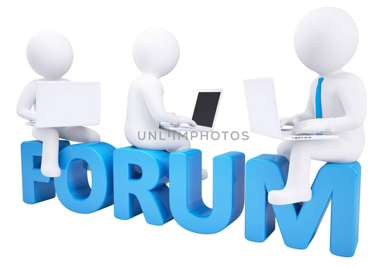 3d man sitting with a laptop on the word forum by cherezoff